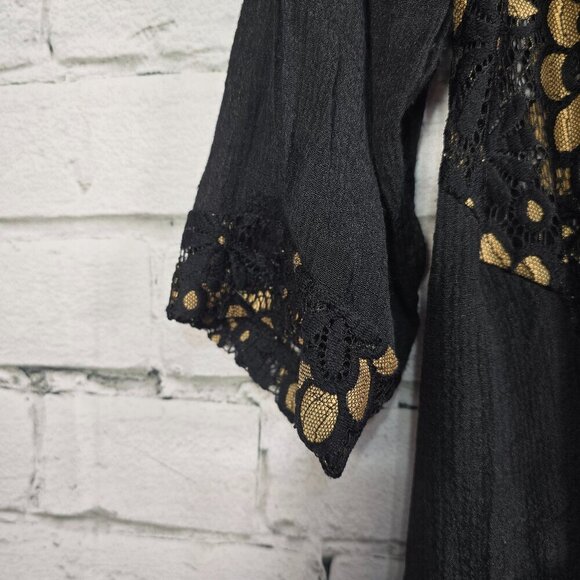 WOMENS LILY BY FIRMIANA BLACK LACE SHEER DRESS GOLD FLOWERS BELL SLEEVE XL - Picture 2 of 7